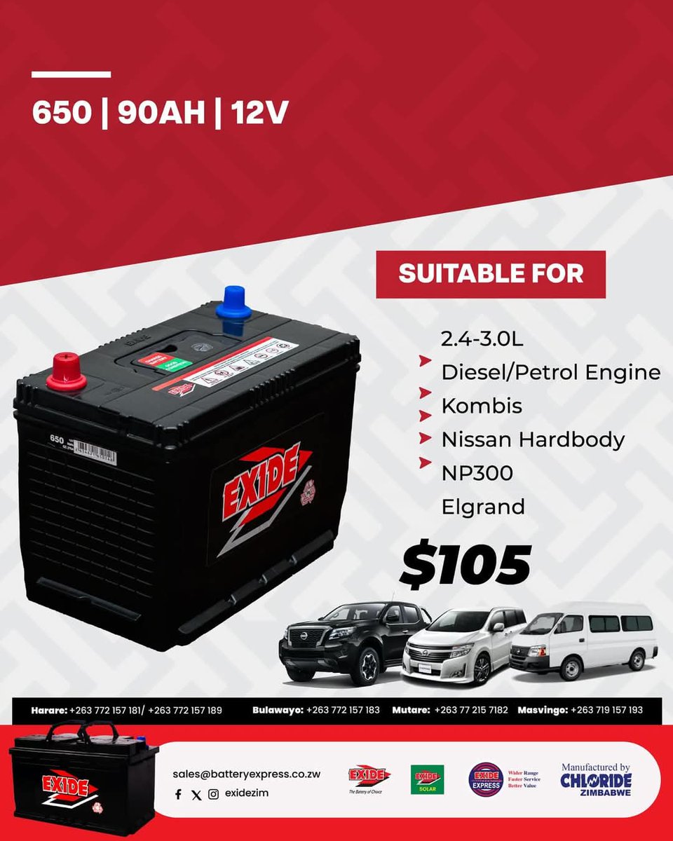 Exide Zimbabwe (@exidezim) on Twitter photo Upgrade your ride this festive season with the Exide 650|90AH|12V Battery, ideal for diesel and petrol engines. Available at Exide Express branches and authorised dealers nationwide.
#thebatteryofchoice
<a href="/KUDZIELISTER2/">KUDZIELISTER</a> <a href="/Mavhure/">Rufaz--Jerera❤King❤</a> <a href="/takemorem1/">Takemore Mazuruse</a> <a href="/EsteemComms/">Esteem Communications</a> <a href="/zimlifestylehub/">Zim Lifestyle Magazine</a> Upgrade your ride this festive season with the Exide 650|90AH|12V Battery, ideal for diesel and petrol engines. Available at Exide Express branches and authorised dealers nationwide.
#thebatteryofchoice
<a href="/KUDZIELISTER2/">KUDZIELISTER</a> <a href="/Mavhure/">Rufaz--Jerera❤King❤</a> <a href="/takemorem1/">Takemore Mazuruse</a> <a href="/EsteemComms/">Esteem Communications</a> <a href="/zimlifestylehub/">Zim Lifestyle Magazine</a>