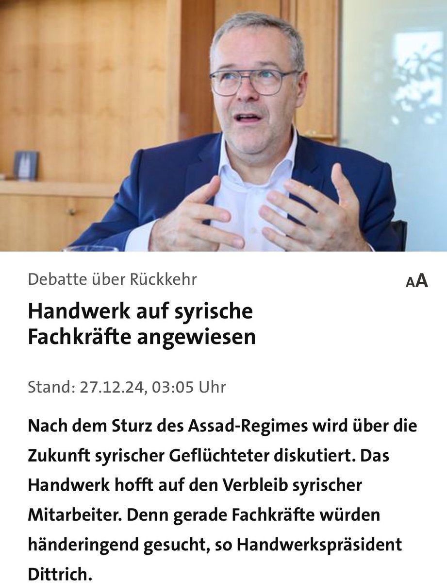 Na sowas? Das #Handwerk hofft auf den Verbleib von Syrerinnen und Syrern. Was sagen eigentlich #FDP und #CDUCSU dazu? Herr #Lindner, Herr #Spahn? Die #AfD brauche ich nicht fragen, da ist keine Menschlichkeit zu erwarten. #BTW2025
