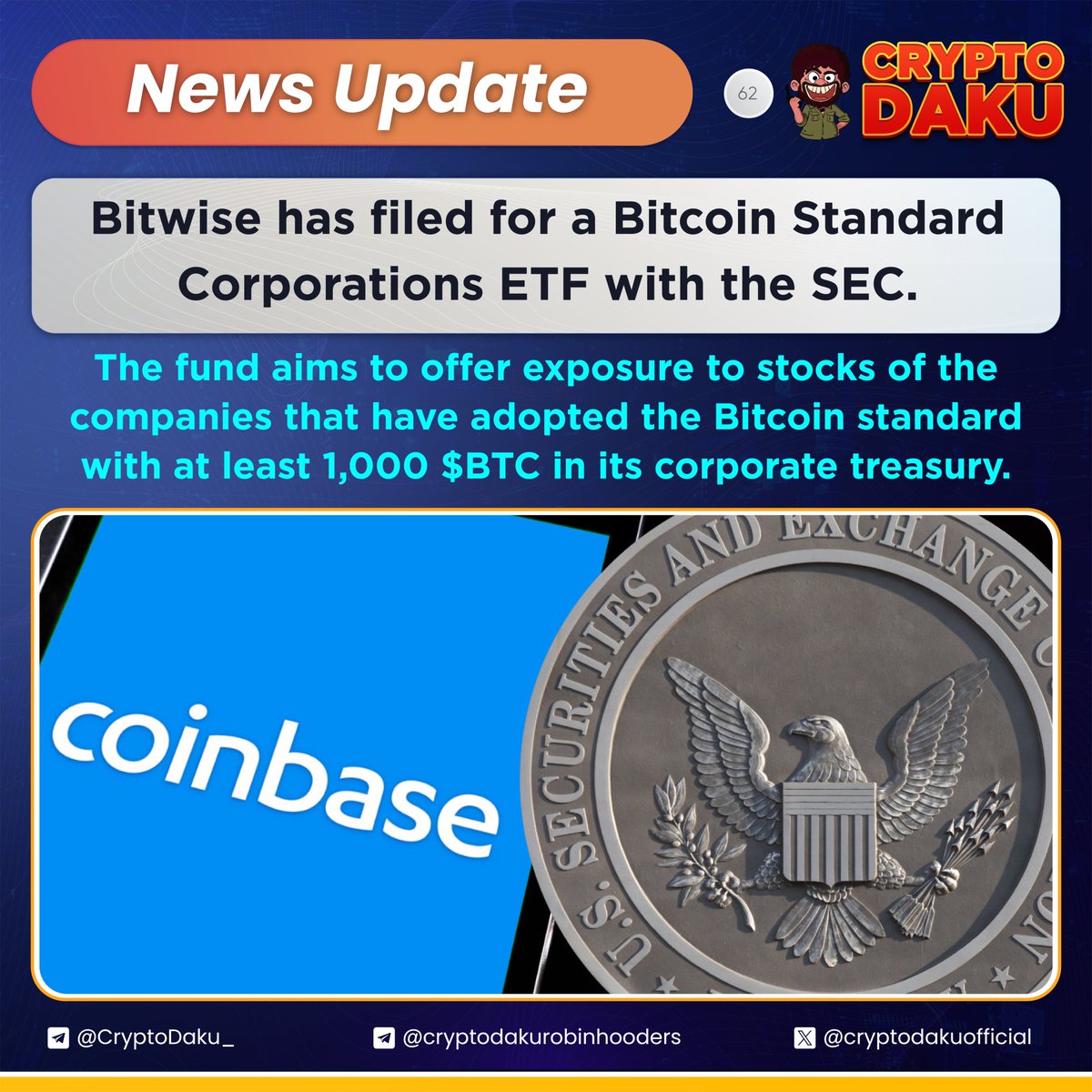 🚨 LATEST: Bitwise has filed for a Bitcoin Standard Corporations ETF with  the SEC. The fund aims to offer exposure to stocks of the companies that  have adopted the #Bitcoin standard with