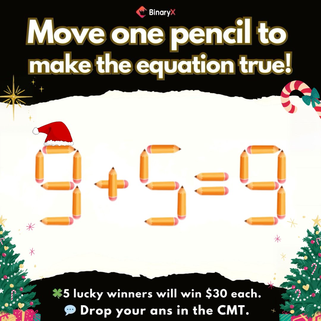 Four_FORM_'s tweet photo. 🎉 BinaryX Math Challenge  🎉

Can you move just one pencil to make the equation right? 🤔

Think you’ve got the skills to solve it? 🧠💡

💰 Prize: 5 lucky winners will each receive $30 USDT!

How to enter:
1⃣ Follow @binary_x
2⃣ Like & RT this tweet ❤🔁
3⃣ Reply with your answer & tag 3 friends 👥

Ready, set, solve! 🍀 Let’s see who’s got the brainpower to crack it! 🧠

#crypto #giveaway #BinaryX #GameFi