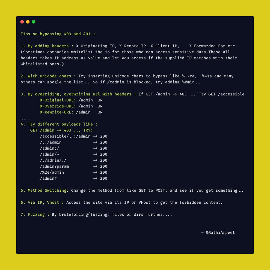 ⚡Tips on bypassing 403 and 401 Error!

👉Credit <a href="/RathiArpeet/">Arpeet Rathi 🇮🇳</a>

#bugbounty #bugbountytip #bugbountytips