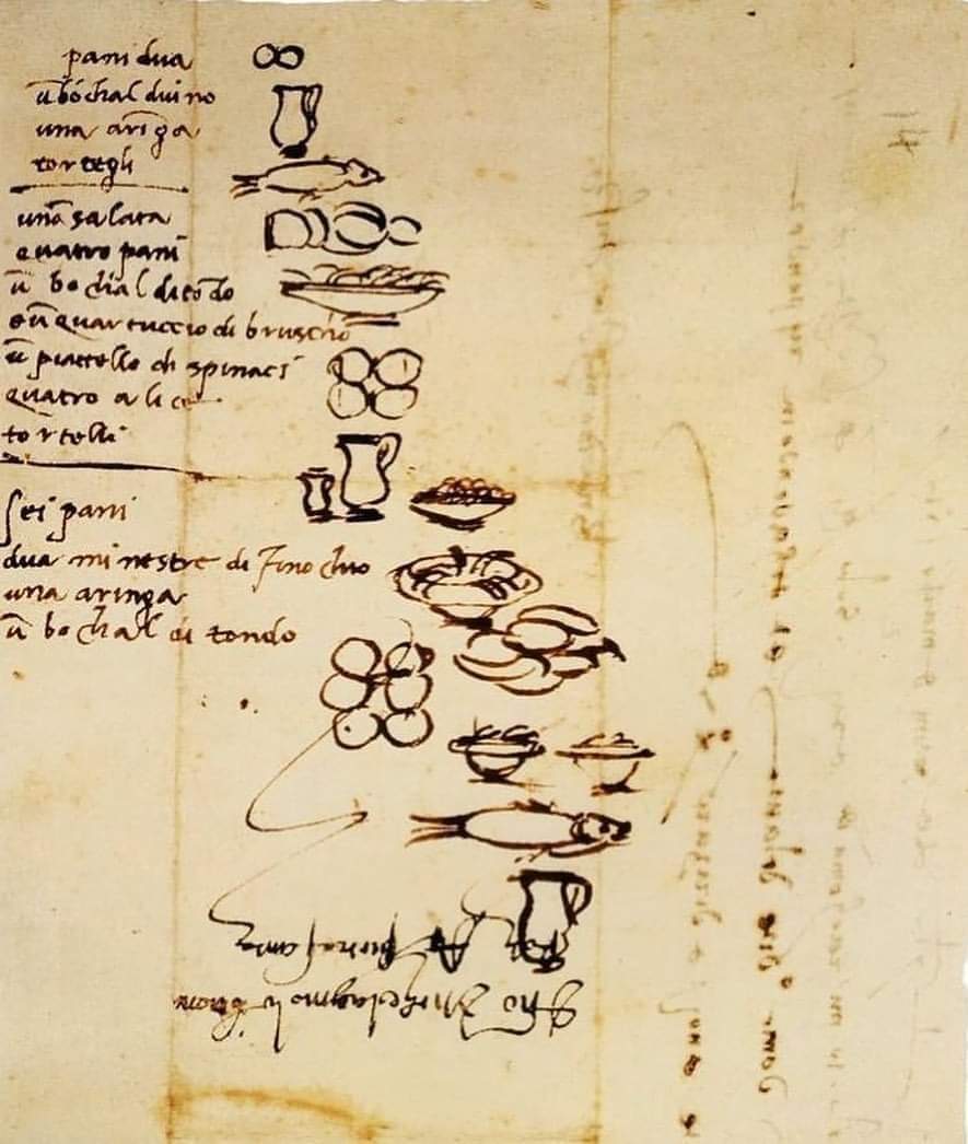 archeohistories's tweet photo. Michelangelo’s Illustrated Shopping List (1518 CE), Italy. This list was written and illustrated by Michelangelo on the back of a letter.

According to Michelangelo's Shopping List - the genius thrives on a diet of fish, bread, and lots of wine.

Michelangelo also took time to provide little illustrations of items, this list was for his servant who was possibly illiterate and artist helps him by illustrating list with hurried (all more exquisite) pen caricature: he draws a herring, tortelli, anchovies, bread, two fennel soups, four anchovies and a small quarter of house wine.

This document owned by Casa Buonarroti Museum in Florence, Italy.

#archaeohistories