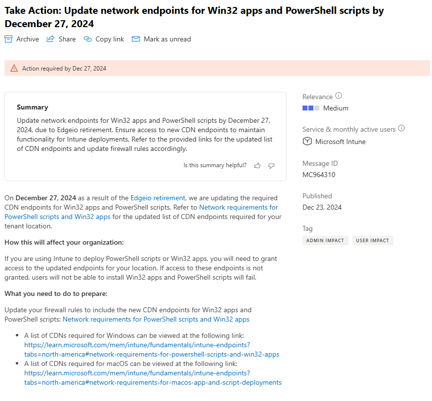 ‼️Heads Up #MSIntune Admins ‼️

please update your firewall rules so that Win32 apps and Powershell scripts continue to work.

Message Center ID: MC964310

#SCCM #ConfigMgr