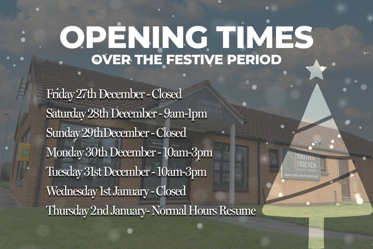A Friendly Reminder from Smith &amp; Friends Estate Agents..

Here are our opening times for the New Year holiday period! We hope you’re all enjoying the festive season and looking forward to welcoming 2025 with joy and excitement ✨

#SmithAndFriends #NewYearOpeningTimes