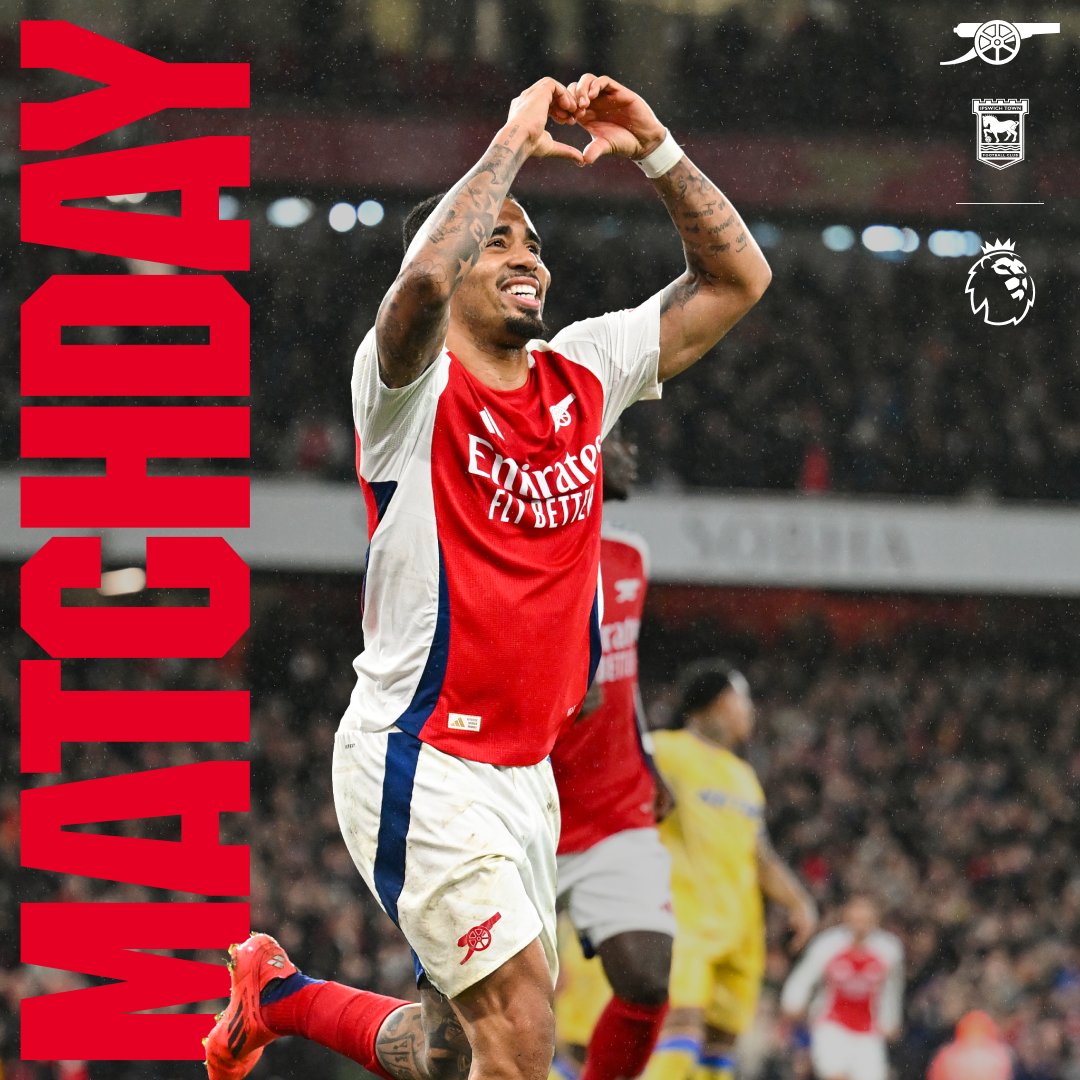 Arsenal's tweet photo. 🔴 𝗠𝗔𝗧𝗖𝗛𝘿𝘼𝙔 ⚪️

🆚 Ipswich Town
⏰ 8.15pm (UK)
🏆 Premier League
🏟 Emirates Stadium https://t.co/EE3R0BRPQS