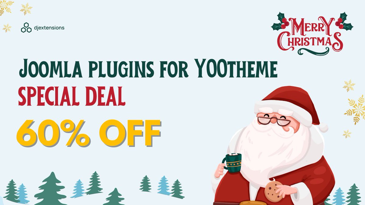 DJExtensions's tweet image. 🎄 Enhance your Joomla website with YOOtheme Pro Plugins!

✨ Tailor your site with advanced functionalities and seamless integration—all at 60% OFF! 🎅

🎟️ Use code XMAS24 at checkout.
📅 Offer valid until January 6, 2025.

👉 Shop now: goto.dj-extensions.com/4g9QNjv

#joomlaplugins