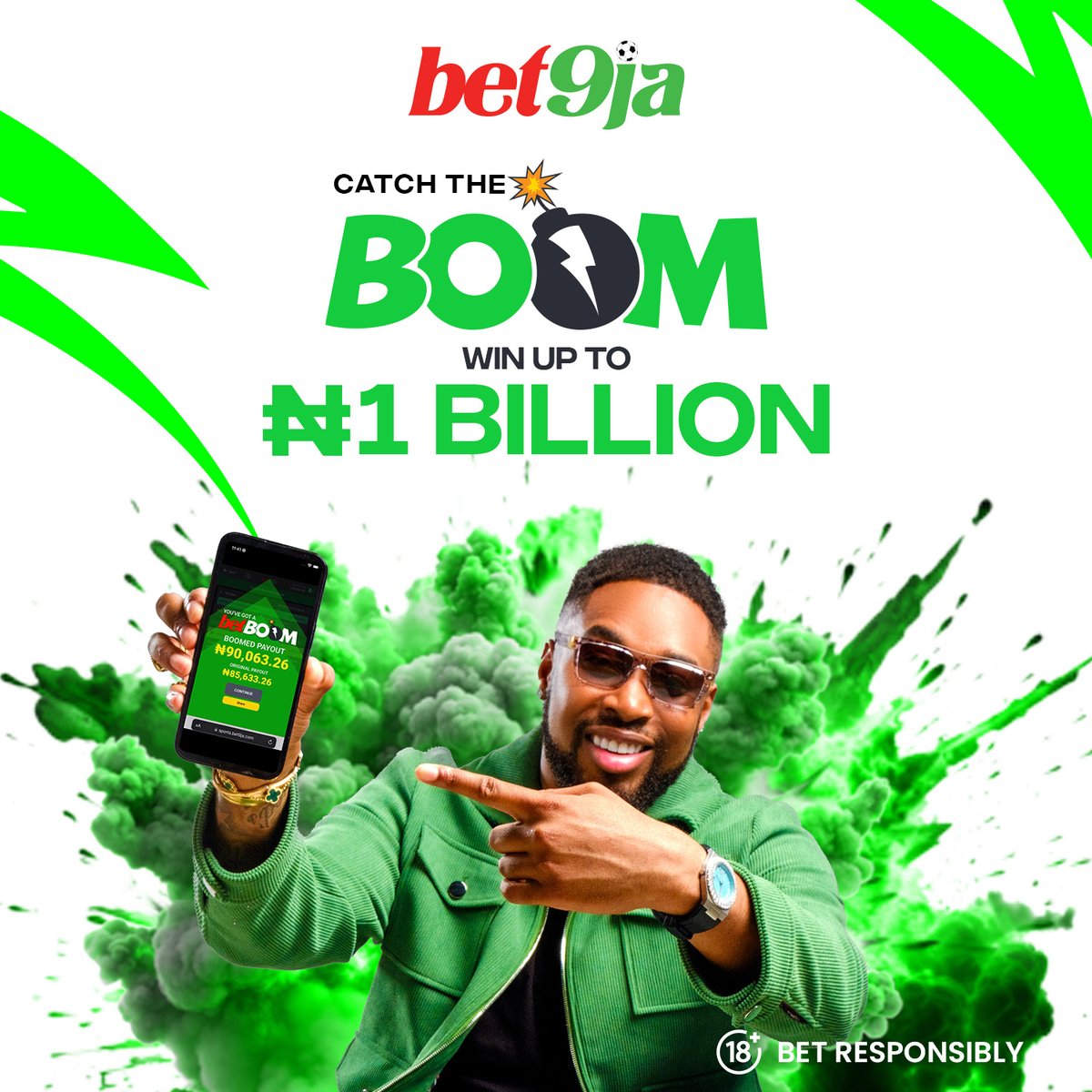 Bet9jaOfficial's tweet photo. 💣 𝘊𝘢𝘵𝘤𝘩 𝘵𝘩𝘦 𝘽𝙊𝙊𝙈! 💣

Now you can win up to ₦1 BILLION! 🤯

Even 𝗠𝗼𝗿𝗲 explosive odds! Even 𝗠𝗼𝗿𝗲 chances to win! 😍

Are you playing with Sheggz? 😎

#CatchTheBOOM https://t.co/tmgFdjnUpw