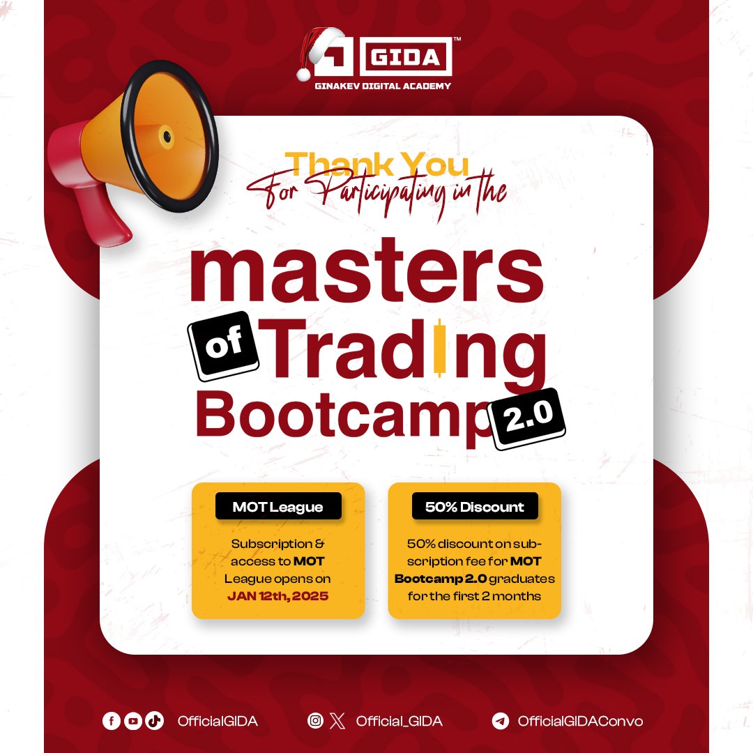 Official_GIDA's tweet photo. Itโs 2 days after Christmas and thereโs plenty love in the air ๐โค๏ธ๐
To wrap up the year, we are grateful to all mentors and students who participated in the recently concluded #MOTBootcamp 2.0!!
Access to our โMasters Of Tradingโ League opens from Jan 12th๐๐ - and all graduates gets access to this advanced community of traders on a 50% discount (-$10) for first 2 months.
Weโve curated link to all the classes for the 4 weeks of this Bootcamp on our Telegram channel should you want to go through them again. Visit below โคต๏ธ
๐๐:https://t.co/KPEjYSGbYe