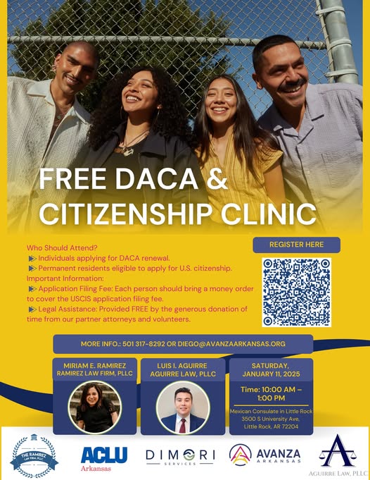 FREE DACA &amp; Citizenship Legal Clinic!

Date: Saturday, Jan. 11, 2025
Time: 10 a.m. to 1 p.m.
Location: Mexican Consulate, Little Rock, AR

Get free filing help from expert lawyers! Register now: forms.gle/zCSYGR8zQxfXgG…