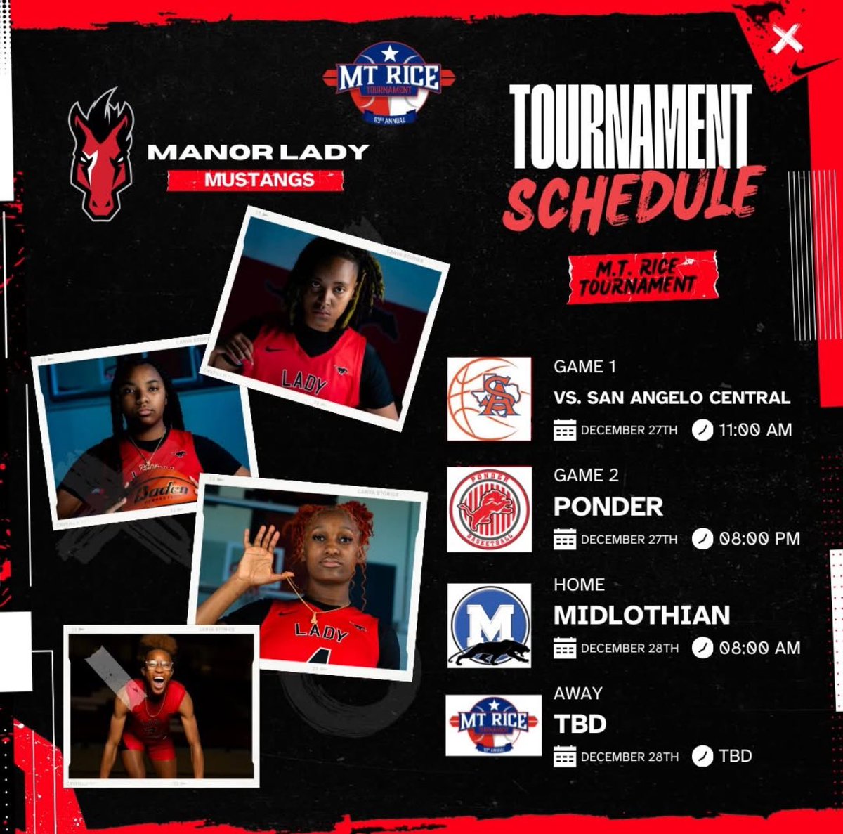 Please try to come out and support the lady mustangs this weekend  🏀

Friday December 27th
(Game 1)
11:00am @ River Valley Middle School

(Game 2)
8:00pm @ Midway HS Arena

Saturday December 28th
(Game 3)
8:00am @ River Valley Middle School

(Game 4)
TBD

<a href="/ManorGirlsHoops/">Manor HS Girls Basketball</a>