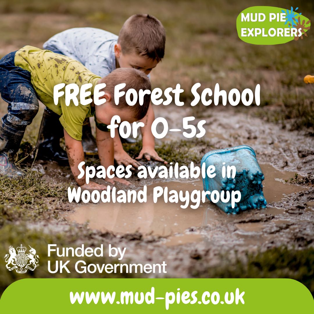 Woodland Playgroup is NOW FULLY FUNDED! 🎉 
🌳 Tuesdays 9.30-11.30
🐞 Nature crafts, mud kitchen, rope swings
👧 0-5s
☀️ Start date: Jan 7th
Funded until 31st March (Funding from UK Government)
Booking essential: bit.ly/40aTvzF 
Email colleen@mud-pies.co.uk