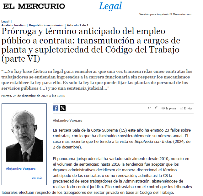 vergara_blanco's tweet photo. Comparto mi última publicación en El Mercurio Legal, titulada "Prórroga y término anticipado del empleo público a contrata: transmutación a cargos de planta y supletoriedad del Código del Trabajo (parte VI)". https://t.co/8U0KxACAXz