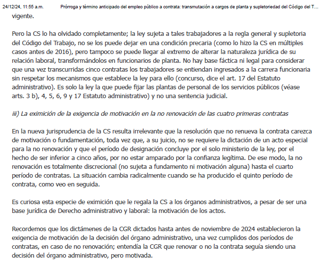 Comparto mi última publicación en El Mercurio Legal, titulada "Prórroga y término anticipado del empleo público a contrata: transmutación a cargos de planta y supletoriedad del Código del Trabajo (parte VI)".
