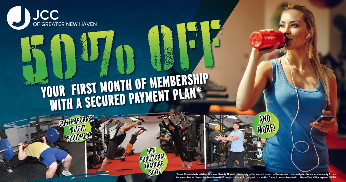 jcc_gnh's tweet photo. Get 50% off your first month of membership with a secured payment plan! With brand-new upgrades like contemporary weight equipment, Functional Training Suite, and state-of-the-art machines, there’s something for everyone. 
➡️ https://t.co/Jb7JnkVTD6 📞 (203) 387-2424 x0. https://t.co/c18Z6y6pYH