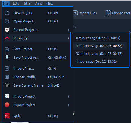 Never lose your progress again! 💾 OpenShot 3.3 introduces a recovery menu for easy project backups. Auto-save has never been this simple. openshot.org/download

#OpenShot #VideoEditing #OpenSource #FOSS #DownloadNow