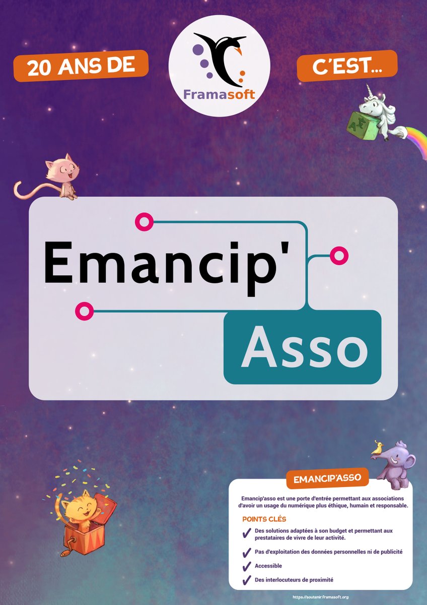 🎈 Framasoft a 20 ans ! 🎈
Emancip'asso est un autre projet emblématique de ces dernières années. Le site a pour objectif d'être une porte d'entrée permettant aux associations d'avoir un usage du numérique plus éthique, humain et responsable.
20ans.framasoft.org/affiches.html#…