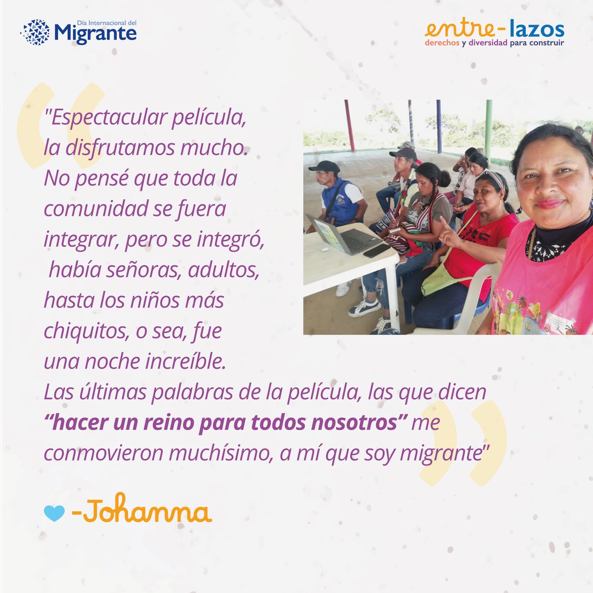 Celebramos el Día de los DDHH y del Migrante con Entre-Lazos, <a href="/USAID_Colombia/">USAID/Colombia</a> y <a href="/FICDEH/">FICDEH</a>, llevando cine a 13 comunidades afectadas por el conflicto.

Las proyecciones visibilizaron la importancia de la unión y la diversidad para construir. 💙👉🏽

#HilandoComunidades