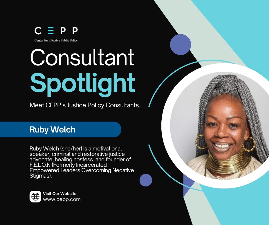 Meet CEPP’s Justice Policy Consultants!

Ruby Welch (she/her) is a motivational speaker, criminal and restorative justice advocate, healing hostess, and founder of FELON (Formerly Incarcerated Empowered Leaders Overcoming Negative Stigmas). <a href="/TRUTHVSFACT/">Ruby Annette C-Welch</a> cepp.com/project/cepp-j…