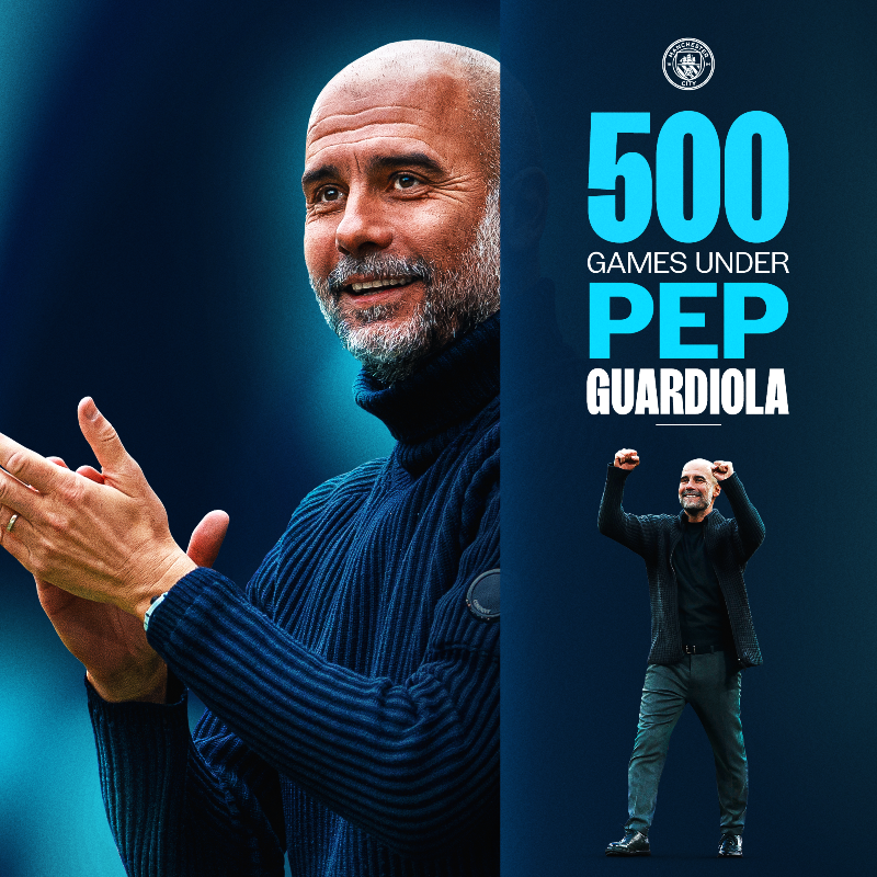 ManCity's tweet photo. Our upcoming clash against Leicester will be Pep's 500th game as Manchester City manager 🩵