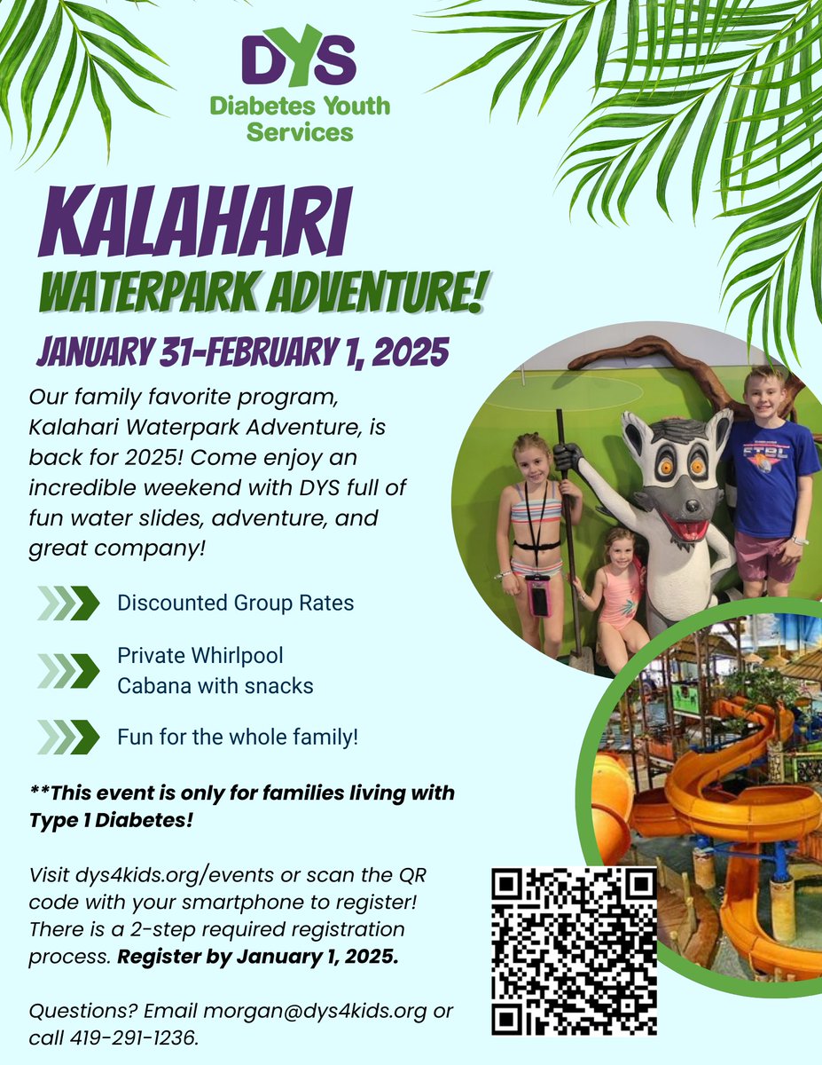 PediatricsWayne's tweet photo. Diabetes Youth Services is hosting their Kalahari Waterpark Adventure this January for families living with Type 1 Diabetes. Please register by January 1st, 2025 using this link: https://t.co/PNi7eZw2wP

#Type1Diabetes #DiabetesAwareness https://t.co/3fikd5Yaa3