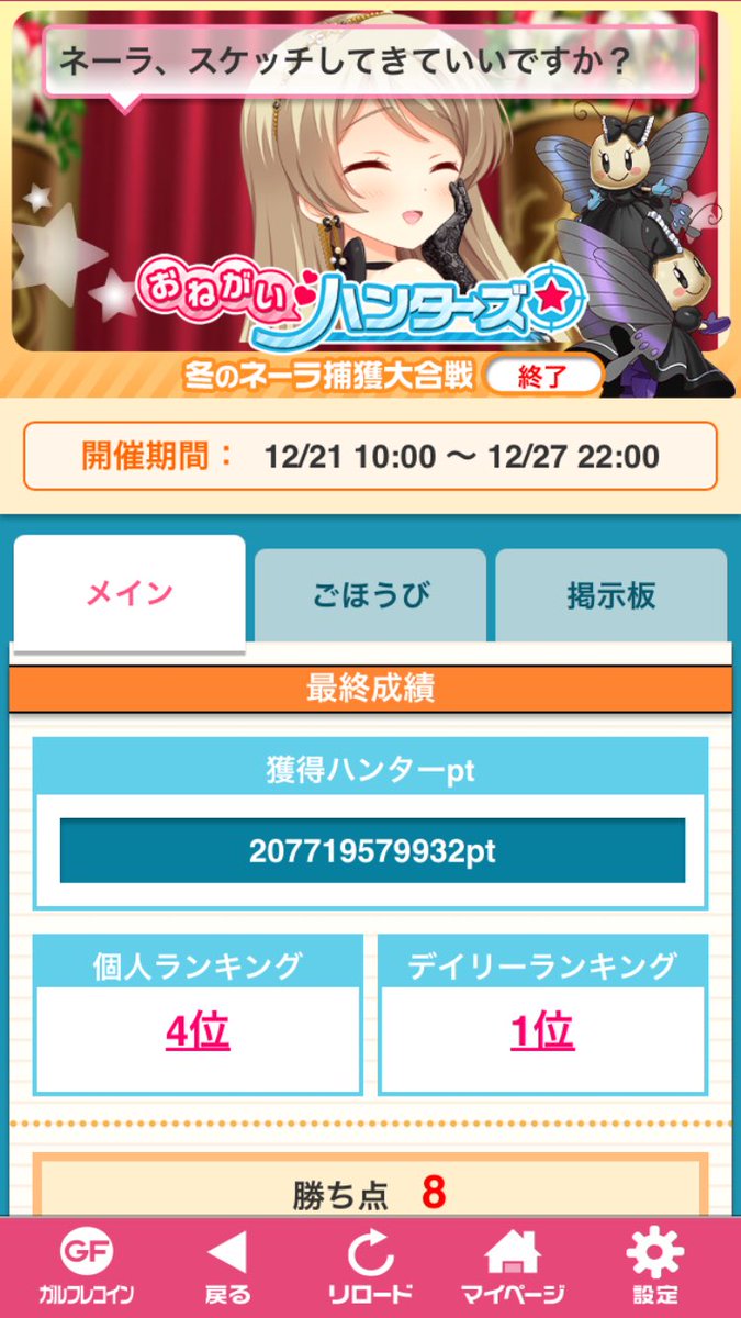 karaage_GF's tweet photo. 晩餐会ハンターズ全勝フル勝ち点✨
ずっっっと欲しかった晩餐会睦ちゃんが貰えたのが嬉しくて眠ってたモチベが呼び覚まされました。
走ってる周りの面々もつよつよあちあちメンバーで流石でした。:(´◦ω◦｀):
結論：ルンカさんは最強 https://t.co/vjyMib1V0O