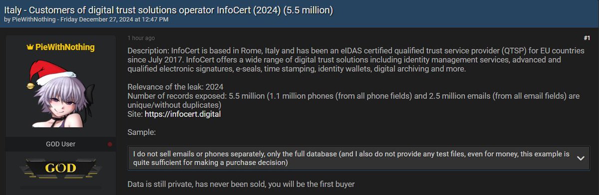 🚨Data Breach Alert ‼️

🇮🇹Italy - InfoCert

A potential data breach at InfoCert has been detected on a hacking forum: 5.5 million customer records reportedly affected.

According to the post, the threat actor known as "PieWithNothing" claims to have exfiltrated 5.5 million
