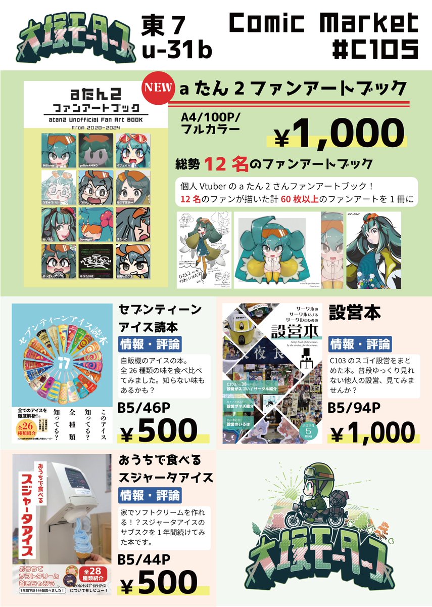 #C105お品書き 
サークル：大塚モータース
日付：2日目
場所：東7 u-31b

新刊は個人VTuber「aたん2」さんのファンアートブックです！総勢12名、4年間に描かれた計60枚のファンアートが一冊に

その他既刊
・セブンティーンアイス読本
・設営本
・お家で食べるスジャータアイス
#C105