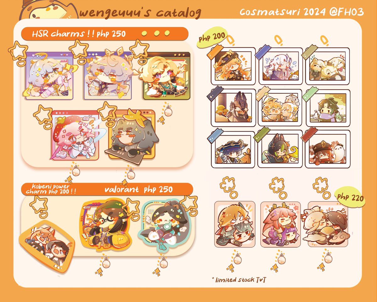 wengeuuu26's tweet image. [rts &amp;amp; likes are appreciated💛]
aaaa yippe dropping my #CosplayMatsuri2024 catalog TvT ueue ! ! 

i&apos;ll be @ table FH03 with @ Aquatic Squad  ! ! &amp;gt;:33 cyacyaaa    

✨alnst, hoyogames, valorant, niji etc.
(1/2)

#FanFairAtCosplayMatsuri2024  #Cosmatsu2024