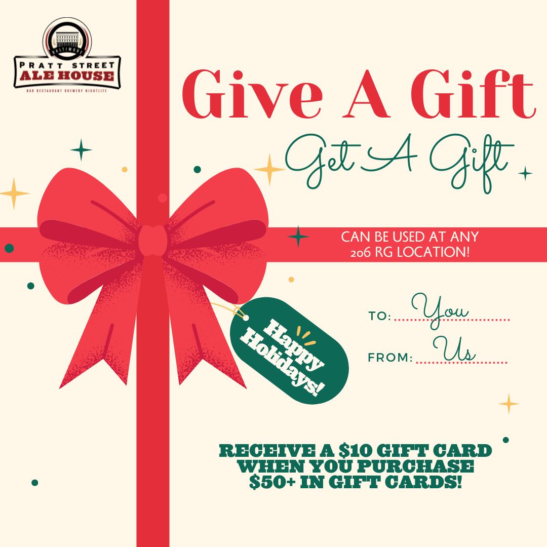 PrattStAleHouse's tweet photo. Still have some holiday get-togethers to get through? Stop in and grab a gift card! Purchase $50 or more and we'll add an extra $10 on us—perfect for treating yourself too 🎁 #prattstreetalehouse #baltimore #charmcity #bmore #mybmore https://t.co/316UMisJkO