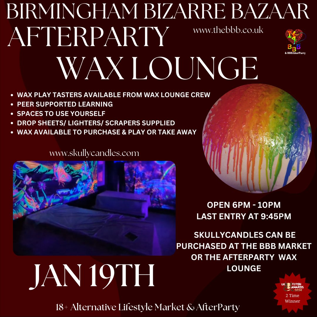 BBBAltFetBazaar's tweet photo. We're celebrating the wax lounge! Ever been interested in wax play? Does the idea of pooling wax get you all hot and bothered?
Pop in and check out the space.
You can buy your candles there too!
#waxplay #waxlounge #bodysafecandles #trybeforeyoubuy #skullycandles #afterparty https://t.co/wgGu1RghCG