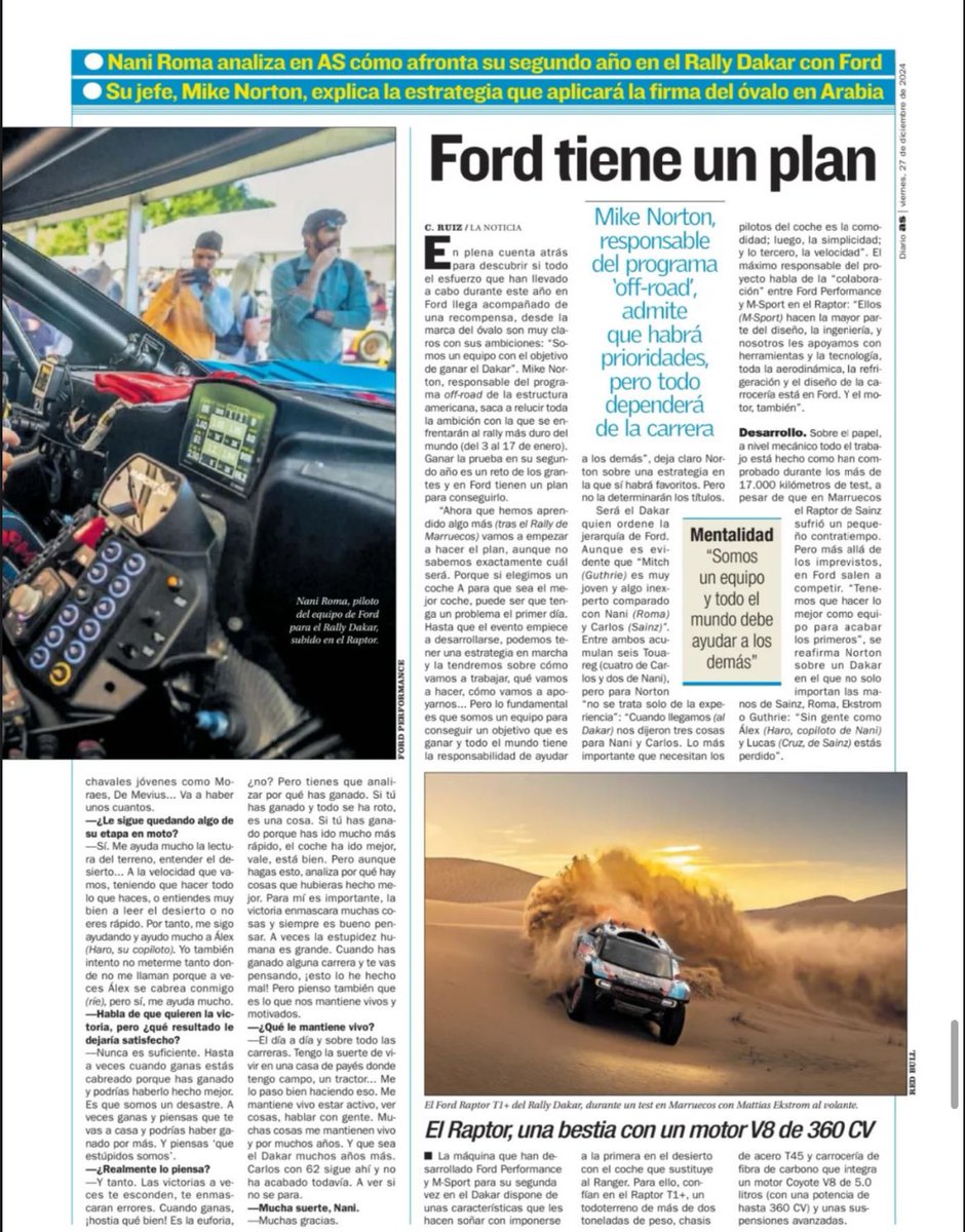 Señor de los Medios 🕵️♂️ (@medf1ostv) on Twitter photo 📰🗞️
🗣️ “Tengo dos prioridades: ganar con Ford y con mi hijo”, <a href="/NaniRoma/">Nani Roma Dakar</a>
✍🏽 <a href="/RuizMartinezC/">Carmen Ruiz</a>, Diario As. 📰🗞️
🗣️ “Tengo dos prioridades: ganar con Ford y con mi hijo”, <a href="/NaniRoma/">Nani Roma Dakar</a>
✍🏽 <a href="/RuizMartinezC/">Carmen Ruiz</a>, Diario As.