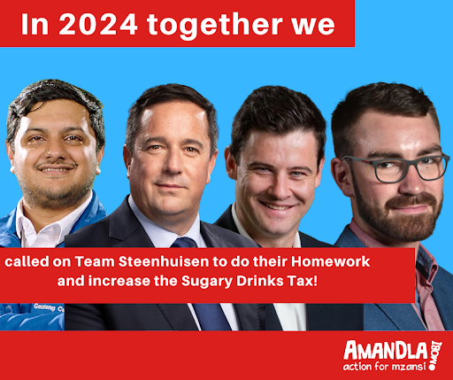 AmandlaMobi's tweet photo. In 2024, together, we called on Steenhuisen and his team to do their homework and put their hands off the sugary drinks tax. With the moratorium set to be lifted in the coming year, we will continue to increase the pressure.

Add your name to the petition here: https://t.co/GuZiZDMYpN

#TogetherForJustice ✊🏾