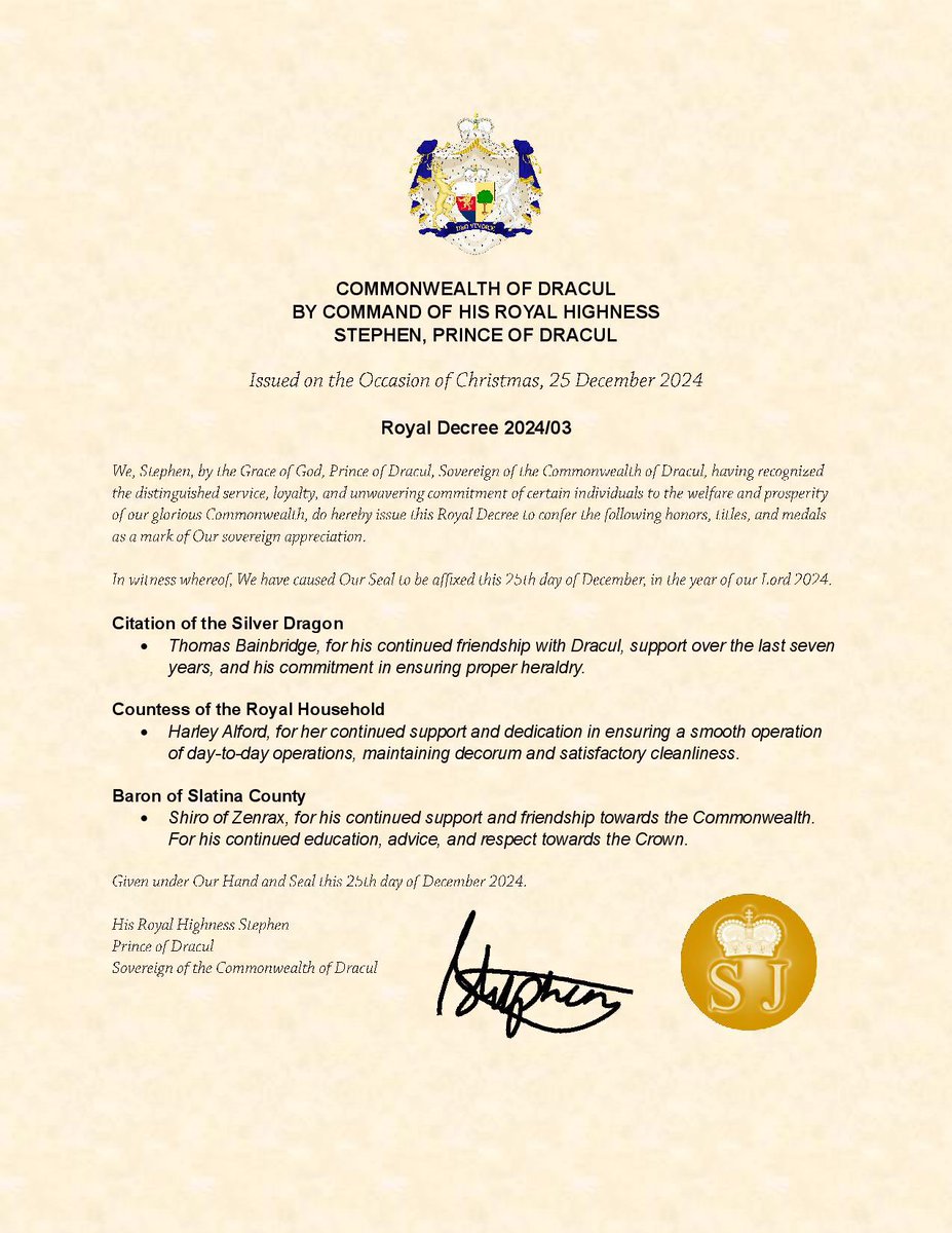 draculgov's tweet image. On the night of Christmas, His Royal Highness Stephen, Prince of Dracul released his 2024 Christmas Honors list, highlighting three notable individuals, for their continued success, respect, and assistance. Congratulations! #micronation #micronations #micronationalism
