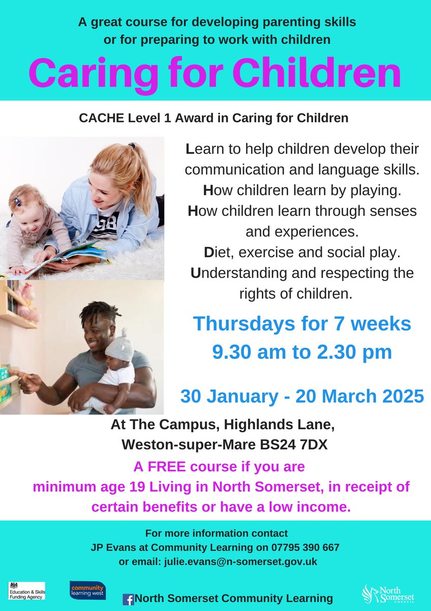 Fancy trying something new in 2025 with other members of your local community? 

North Somerset Community Learning are running some fantastic FREE courses for the community, starting in the New Year, including several taking place at The Campus, such as Caring for Children: