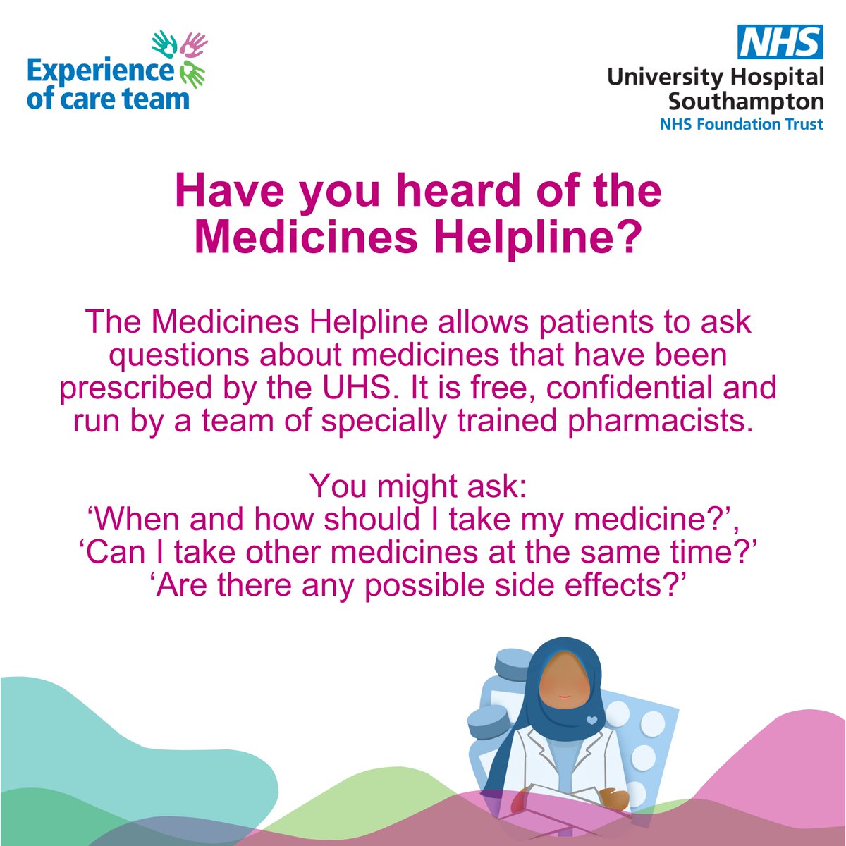 Experience of Care at UHSFT (@wecareuhsft) on Twitter photo Did you know that if you are a patient of <a href="/UHSFT/">University Hospital Southampton 💙</a> and have a question about the medication you have been prescribed by us, you can call the Medicines Helpline for support?
You can call the team on 023 8120 6907 from 9am-6:30pm or send an email to medicinesadvice@uhs.nhs.uk Did you know that if you are a patient of <a href="/UHSFT/">University Hospital Southampton 💙</a> and have a question about the medication you have been prescribed by us, you can call the Medicines Helpline for support?
You can call the team on 023 8120 6907 from 9am-6:30pm or send an email to medicinesadvice@uhs.nhs.uk
