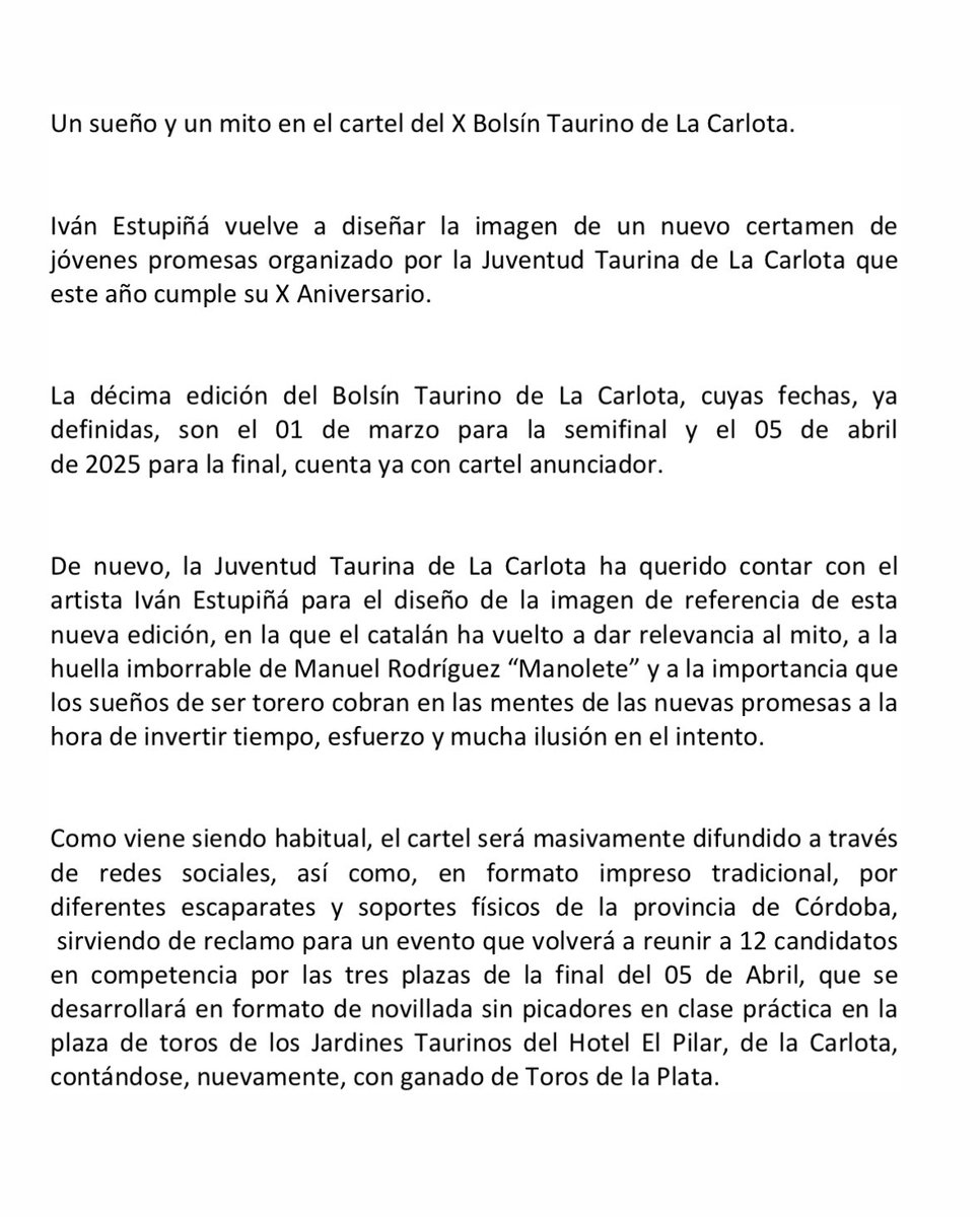 CARTEL ANUNCIADOR | Un sueño y un mito en el cartel del X Bolsín Taurino de La Carlota.

<a href="/EstupinaIvan/">Iván Estupiñá</a> vuelve a diseñar la imagen de un nuevo certamen de jóvenes promesas organizado por <a href="/JT_LaCarlota/">Juventud Taurina La Carlota</a> que este año cumple su X Aniversario.

#bolsintaurino #jtlacarlota #xaniversario