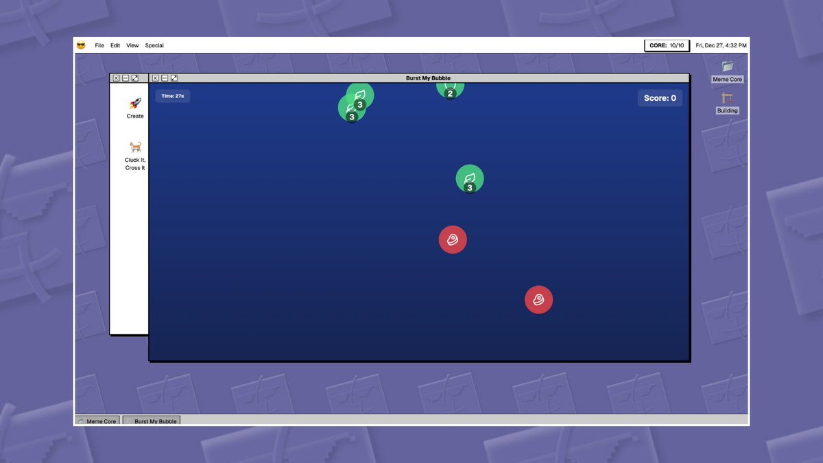 Day 3 of Christmas: Burst My Bubble 🫧

Pop salads, don’t miss. Sounds easy?

Turning a simple game into a test of your reflexes—and your loyalty to <a href="/SaladVentures/">Salad🥗</a>.

Oddly therapeutic and unexpectedly addictive ➡️ start.memeos.ai