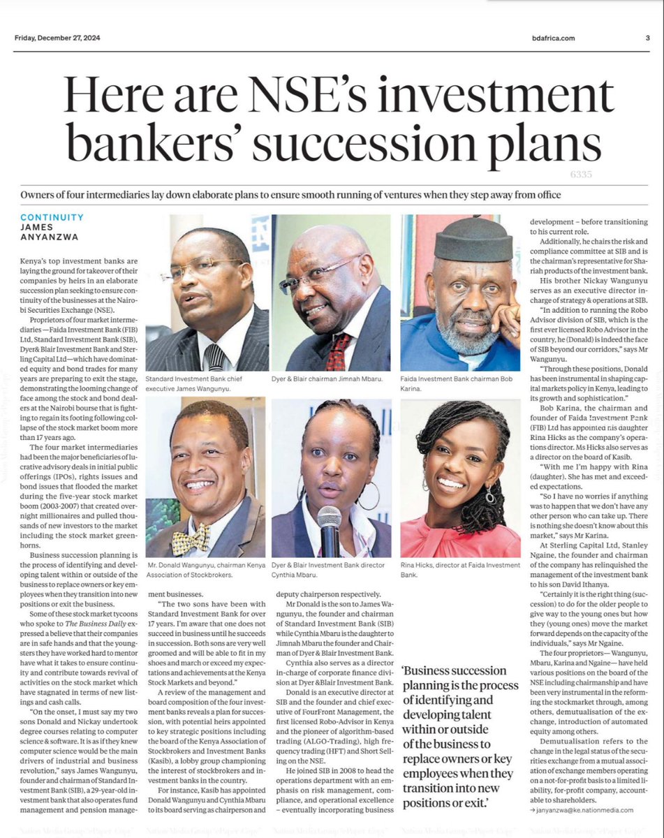 MwangoCapital's tweet photo. Kenya’s leading investment banks are keeping succession in the family!

• Standard Investment Bank: Grooming the Wagunguya family.
• Dyer & Blair: Jimnah Mbaru passing leadership to a younger team.
• Faida Investment Bank: Bob Karina mentoring daughter Rina Hicks.
• Sterling Capital: Founder transitioning leadership to his son.

[ @BD_Africa ]