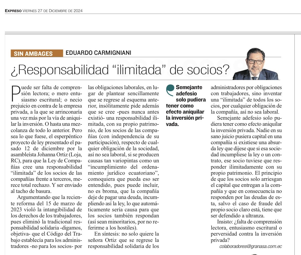 Esperpéntico proyecto de legisladora Johanna Ortiz (Loja, RC), para crear una responsabilidad “ilimitada” de socios de compañías frente a terceros, merece ser enviado al tacho de basura.
