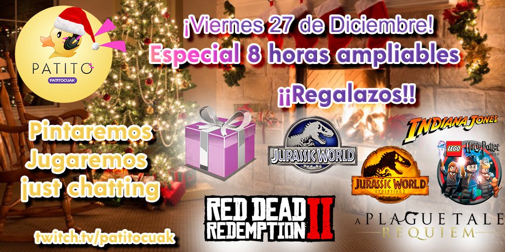 patpatpat_'s tweet image. Empezamos el especial navideño 8 horas ampliable, jugaremos a muchas cositas, pintaremos, charlaremos. Ademas regalaremos muchiiiisimos juegos: jurassic world 1 y 2, Read dead 2, a plague tale requiem, legos... :3 Os espero! Rts &amp;amp; likes twitch.tv/patitocuak