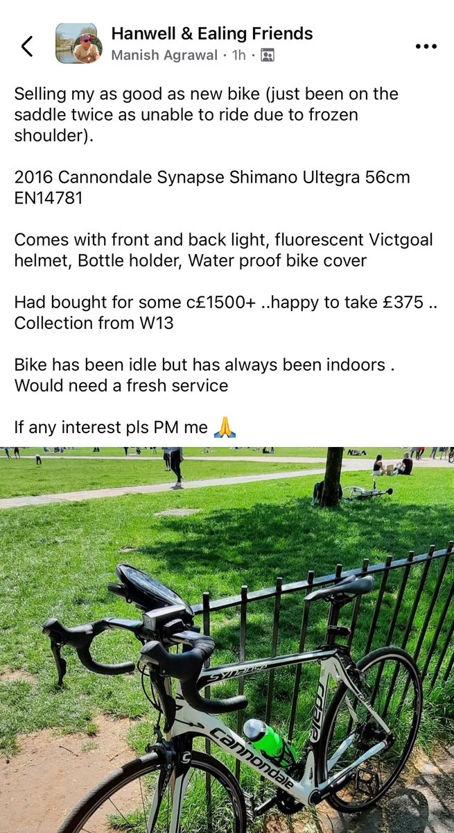 Looks like a pretty blatant case of a thief trying to sell a stolen bicycle as fast as possible on Facebook marketplace