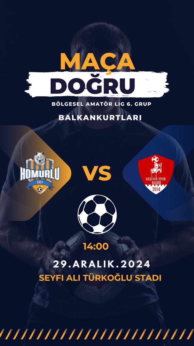 MAÇA DOĞRU 😉

🏆 Bölgesel Amatör Lig 6.Grup 13. Hafta
🆚 Akşehir Spor
🗓 29.12.2024 Pazar
🕤 14:00
📍 Seyfi Ali TÜRKOĞLU  Stadı 

#HEPDESTEKTAMDESTEK💪
#BALKANKURTLARI🐺
