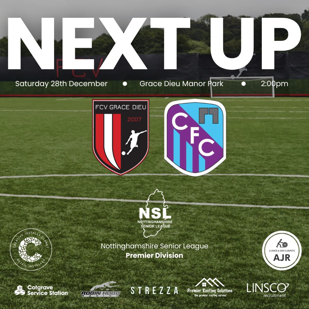 cotgrave_senior's tweet photo. 🔵🟣 TOMORROW 🟣🔵

The 1st Team travel to league leaders FCV Grace Dieu!

Here’s all you need to know👇

🆚 @FCVGraceDieu 
🏆 @NottsSeniorLge 
⏰ 14:00
📍 GD Manor Park, LE67 5UG
🎟️ £3

Keep an eye out for travel details later today…. https://t.co/MJa7JUOjph