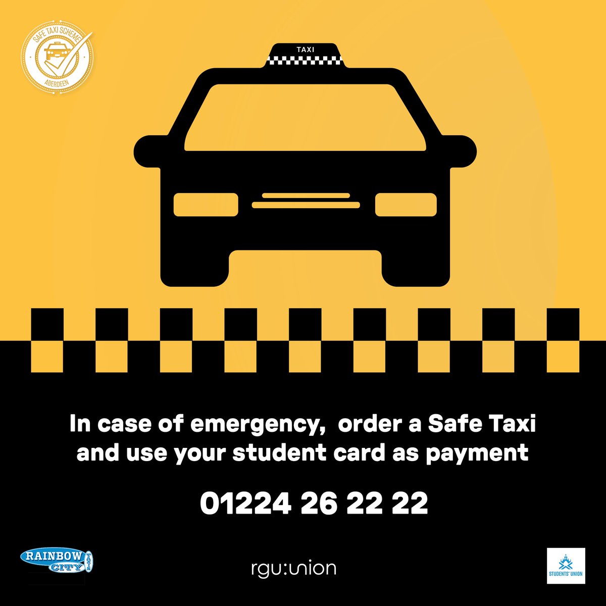 rguunion's tweet photo. Heading for a night out over the Winter break? ❄️ 

In the case of an emergency, if you are an RGU student and have no money to get home, and are in a dangerous or unsafe situation, you can order a designated safe taxi from Rainbow City Taxis and use your student card as payment. https://t.co/2qM02gA58e