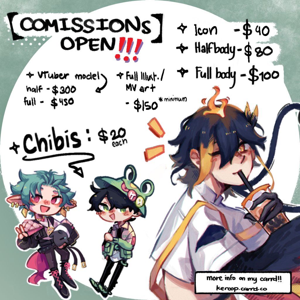 keroo_p's tweet photo. 【 COMMISSIONS OPEN 】 
Updating my commission info (again) ‼‼️

My commissions will always be open so just DM me if you're interested !!!  Likes and RTs are very much appreciated 👍

more info at https://t.co/RBojkbQnP9 https://t.co/hZKuS6WTnr