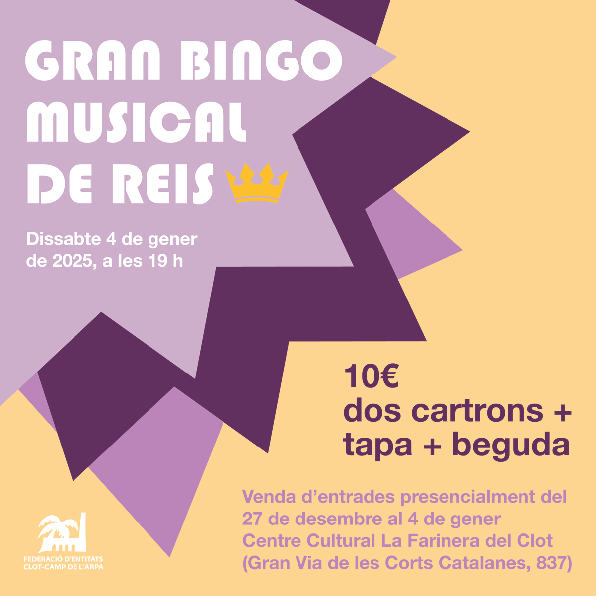 farinera's tweet photo. Després de l'èxit de l'any passat torna el
GRAN BINGO MUSICAL DE REIS! 🎵 😍👑🎵

📅 Ds 4/1, 19 h a #LaFarinera
💰10 €  (2 cartrons,  una tapa i una beguda)
📌Punt de venda: La Farinera del Clot (Gran Via, 837).

Us hi esperem!! https://t.co/0UBnFLcdl2