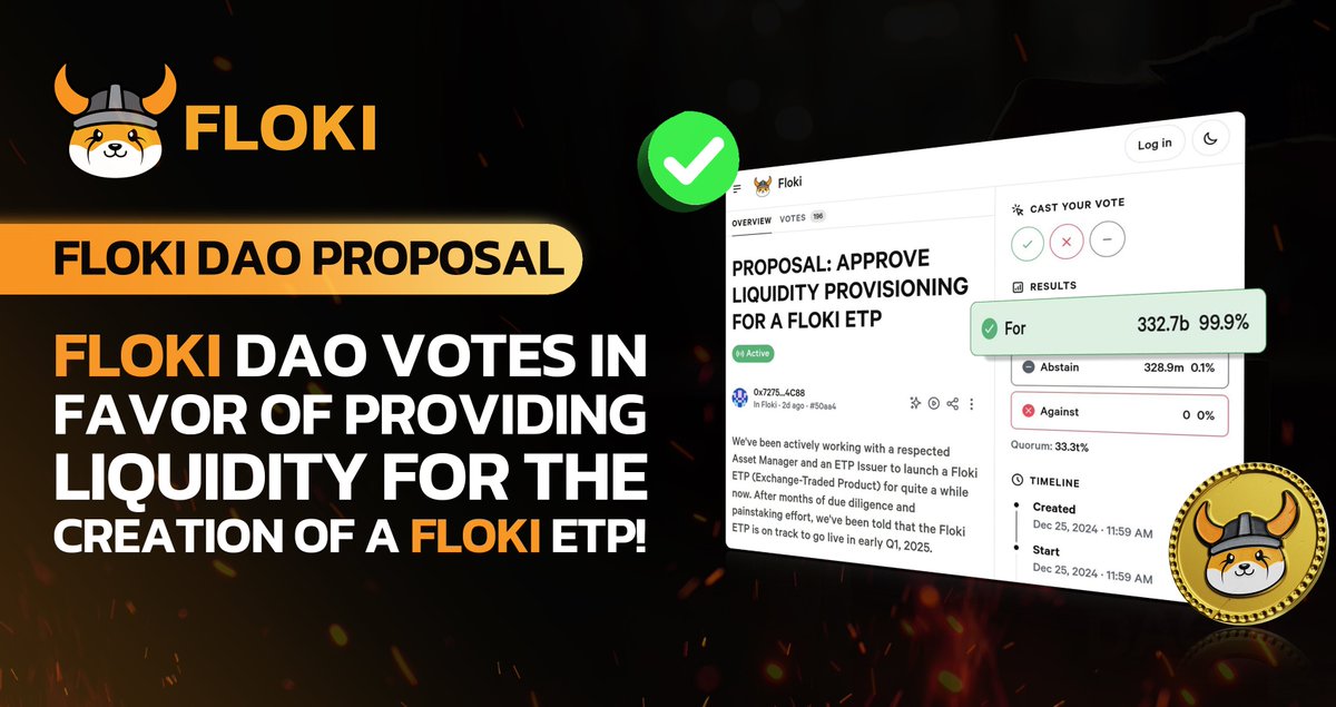 FLOKI DAO VOTES IN FAVOR OF A PROPOSAL TO PROVIDE LIQUIDITY FOR THE CREATION OF A FLOKI ETP!

The Floki DAO has voted overwhelmingly in favor of a proposal to allocate tokens towards providing liquidity for the creation of a Floki ETP.

The proposal, which was the first time ever