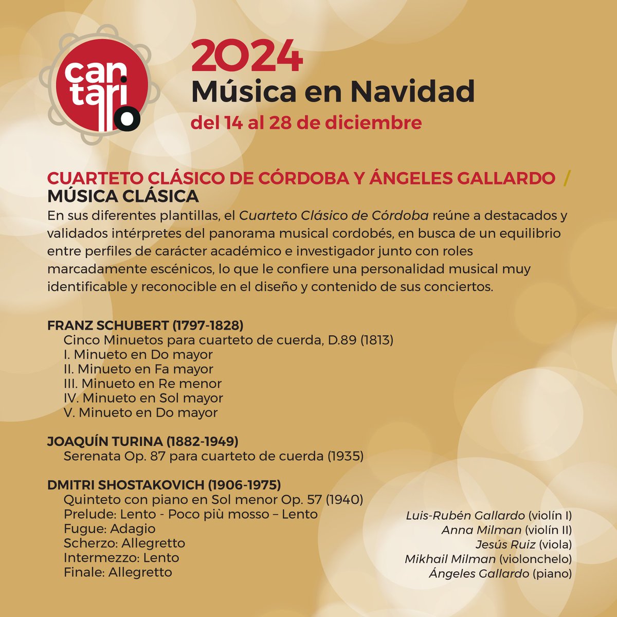 CANTARILLO 2024
MÚSICA CLÁSICA
Cuarteto Clásico de Córdoba y Ángeles Gallardo

📅 Sábado 28 de Diciembre
📍 Sala Orive a las 19:00 h