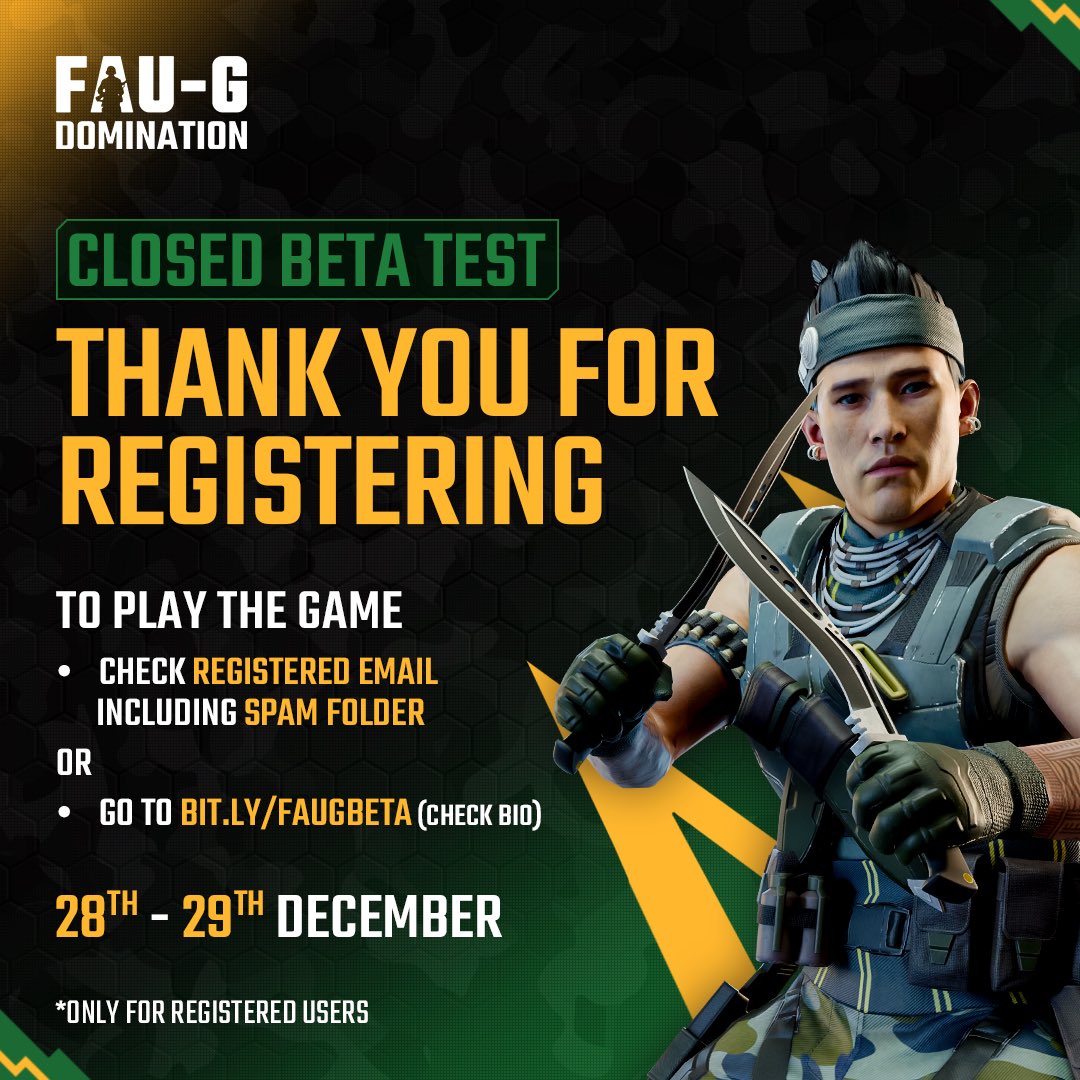 Get. Set. Go. It is time to play the Closed BETA of FAU-G: Domination. 🔥

🔴 Enter this link in your web browser - bit.ly/FAUGBeta (Link In Bio)

Closed BETA Test will run from 28th to 29th December ⚔