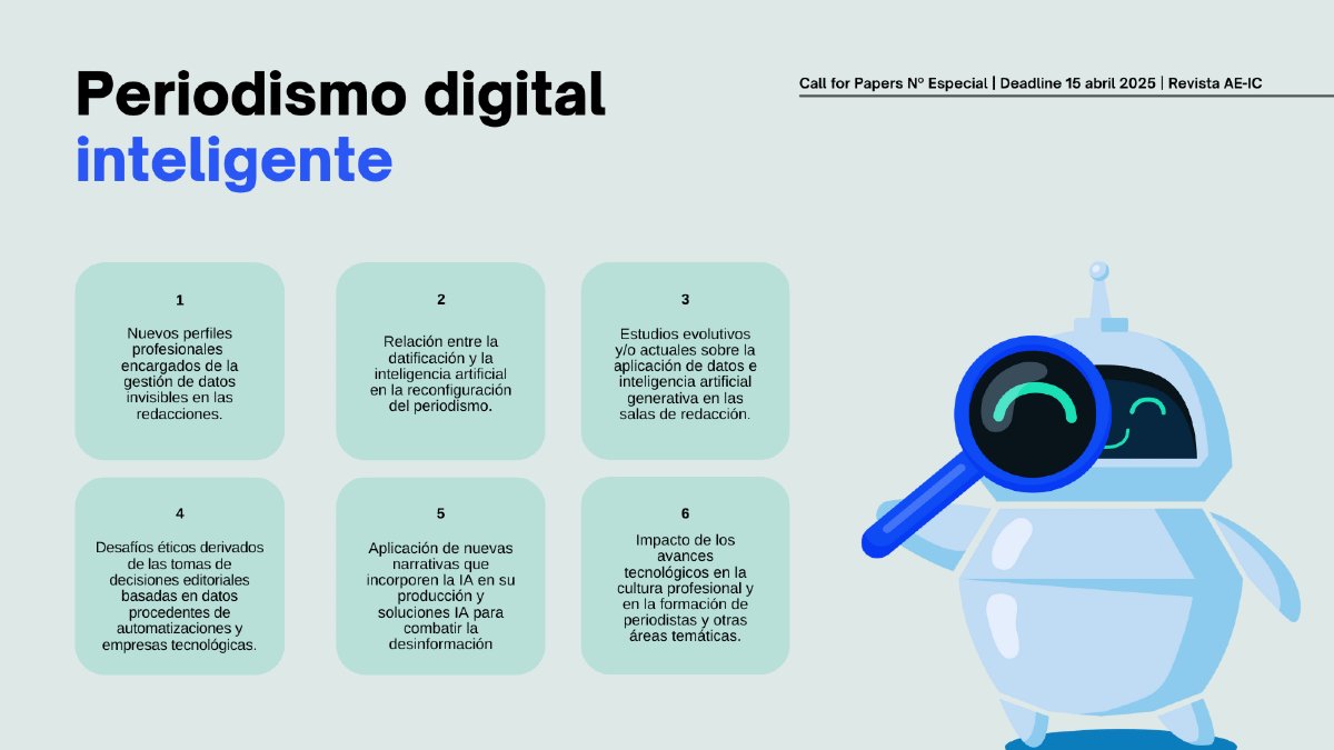 ¡Extra, extra! Abierto el #CfP del nº especial: 'Periodismo digital inteligente' 📝🤖

🗓 Hasta el 15 de abril de 2025.

👥 Coordinan Nereida Cea, Bella Palomo y Colin Porlezza.

Más ℹ️ en revistaeic.eu/index.php/raei…

#RevistaAEIC #PeriodismoIA